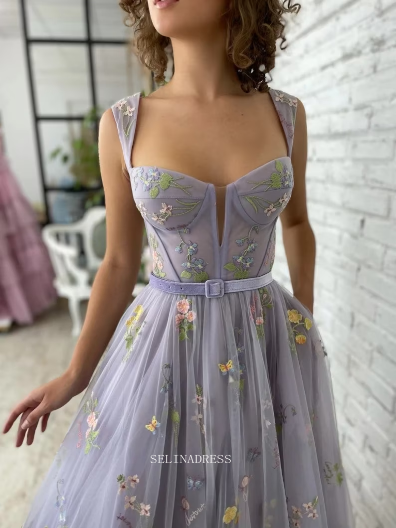 Chic A-line Flower Appliqu Tulle Lilac Prom Dresses Embellished Evenin SELINADRESS Chic A-line Flower Appliqu Tulle Lilac Prom Dresses Embellished Evenin SELINADRESS