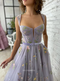 Chic A-line Flower Appliqu Tulle Lilac Prom Dresses Embellished Evening Dress POL013|Selinadress