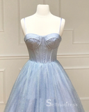 Chic A-line Gorgeous Long Prom Dresses Spaghetti Straps Light Sky Blue Evening Dresses MLH1232|Selinadress