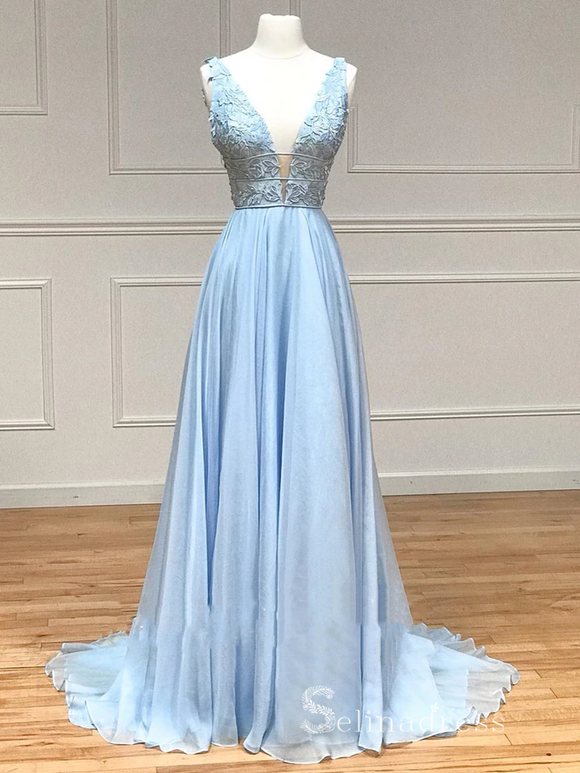 Chic A-line Gorgeous Long Prom Dresses V neck Light Sky Blue Evening Dresses MLH1233|Selinadress