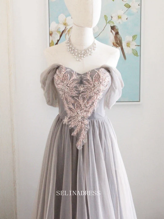 Chic A-line Gray Long Prom Dresses With Sleeves Plus Size Princess Eve SELINADRESS Chic A-line Gray Long Prom Dresses With Sleeves Plus Size Princess Eve SELINADRESS