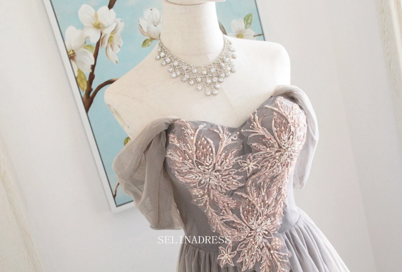 Chic A-line Gray Long Prom Dresses With Sleeves Plus Size Princess Eve SELINADRESS Chic A-line Gray Long Prom Dresses With Sleeves Plus Size Princess Eve SELINADRESS