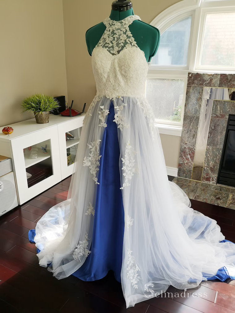 Chic A-line Halter Applique Lace Long Prom Dresses Modest Wedding Gown SELINADRESS Chic A-line Halter Applique Lace Long Prom Dresses Modest Wedding Gown SELINADRESS