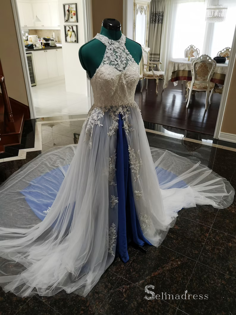 Chic A-line Halter Applique Lace Long Prom Dresses Modest Wedding Gown SELINADRESS Chic A-line Halter Applique Lace Long Prom Dresses Modest Wedding Gown SELINADRESS