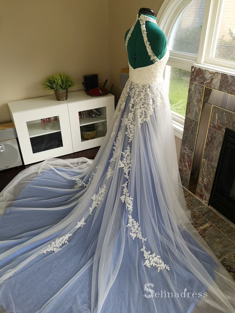 Chic A-line Halter Applique Lace Long Prom Dresses Modest Wedding Gown SELINADRESS Chic A-line Halter Applique Lace Long Prom Dresses Modest Wedding Gown SELINADRESS