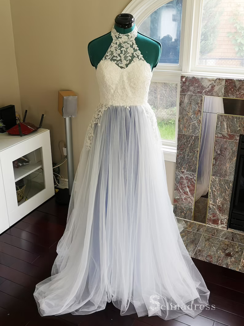 Chic A-line Halter Applique Lace Long Prom Dresses Modest Wedding Gown SELINADRESS Chic A-line Halter Applique Lace Long Prom Dresses Modest Wedding Gown SELINADRESS