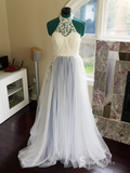 Chic A-line Halter Applique Lace Long Prom Dresses Modest Wedding Gowns MLH0471