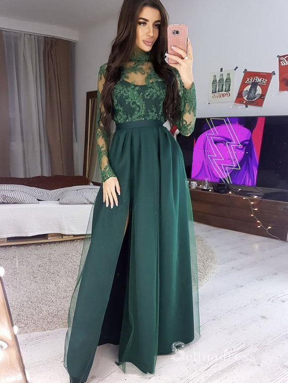 Chic A-line High Neck Dark Green Long Sleeve Prom Dresses Lace Long Evening Gowns CBD584|Selinadress