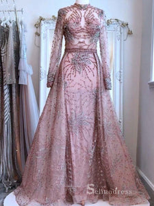 Chic A-line High Neck Long Sleeve luxury Pink Long Prom Dress Beaded Evening Gowns MLH0465|Selinadress