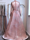 Chic A-line High Neck Long Sleeve luxury Pink Long Prom Dress Beaded Evening Gowns MLH0465|Selinadress
