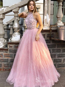 Chic A-line High Neck Sparkly Long Prom Dresses Pink Beaded Evening Gowns MHL169|Selinadress