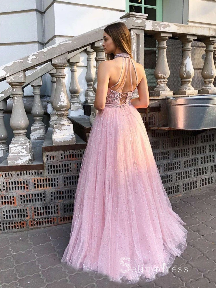 Chic A-line High Neck Sparkly Long Prom Dresses Pink Beaded Evening Go SELINADRESS Chic A-line High Neck Sparkly Long Prom Dresses Pink Beaded Evening Go SELINADRESS