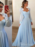 Chic A-line Light Sky Blue Chiffon Prom Dresses Long Sleeve Evening Dress MHL181|Selinadress