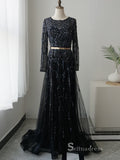 Chic A-line Long Sleeve luxury Black Long Prom Dress Beaded Evening Gowns MLH0464|Selinadress