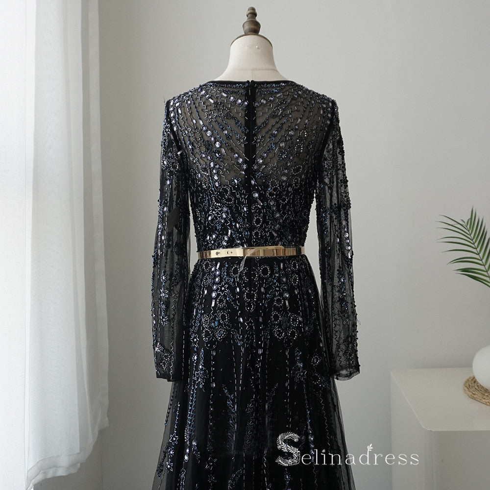 Chic A-line Long Sleeve luxury Black Long Prom Dress Beaded Evening Go SELINADRESS Chic A-line Long Sleeve luxury Black Long Prom Dress Beaded Evening Go SELINADRESS