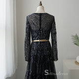 Chic A-line Long Sleeve luxury Black Long Prom Dress Beaded Evening Gowns MLH0464|Selinadress
