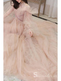 Chic A-line Long Sleeve Pink Long Prom Dresses Tulle Evening Formal Gowns CBD289|Selinadress