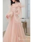 Chic A-line Long Sleeve Pink Long Prom Dresses Tulle Evening Formal Gowns CBD289|Selinadress