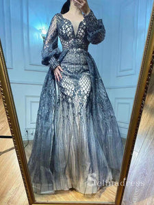 Chic A-line Long Sleeve Prom Dresses Lace Beaded Evening Dress CBD302