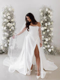 Chic A-line Long Sleeve Satin Wedding Dress Rustic White Bridal Gowns MLS040|Selinadress