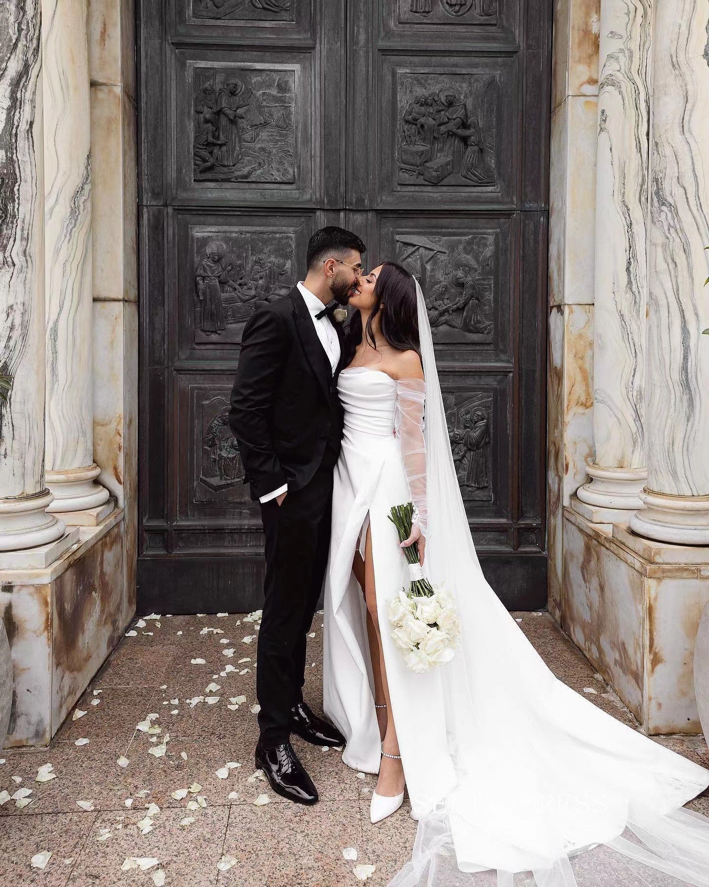 Chic A-line Long Sleeve Satin Wedding Dress Rustic White Bridal Gowns SELINADRESS Chic A-line Long Sleeve Satin Wedding Dress Rustic White Bridal Gowns SELINADRESS