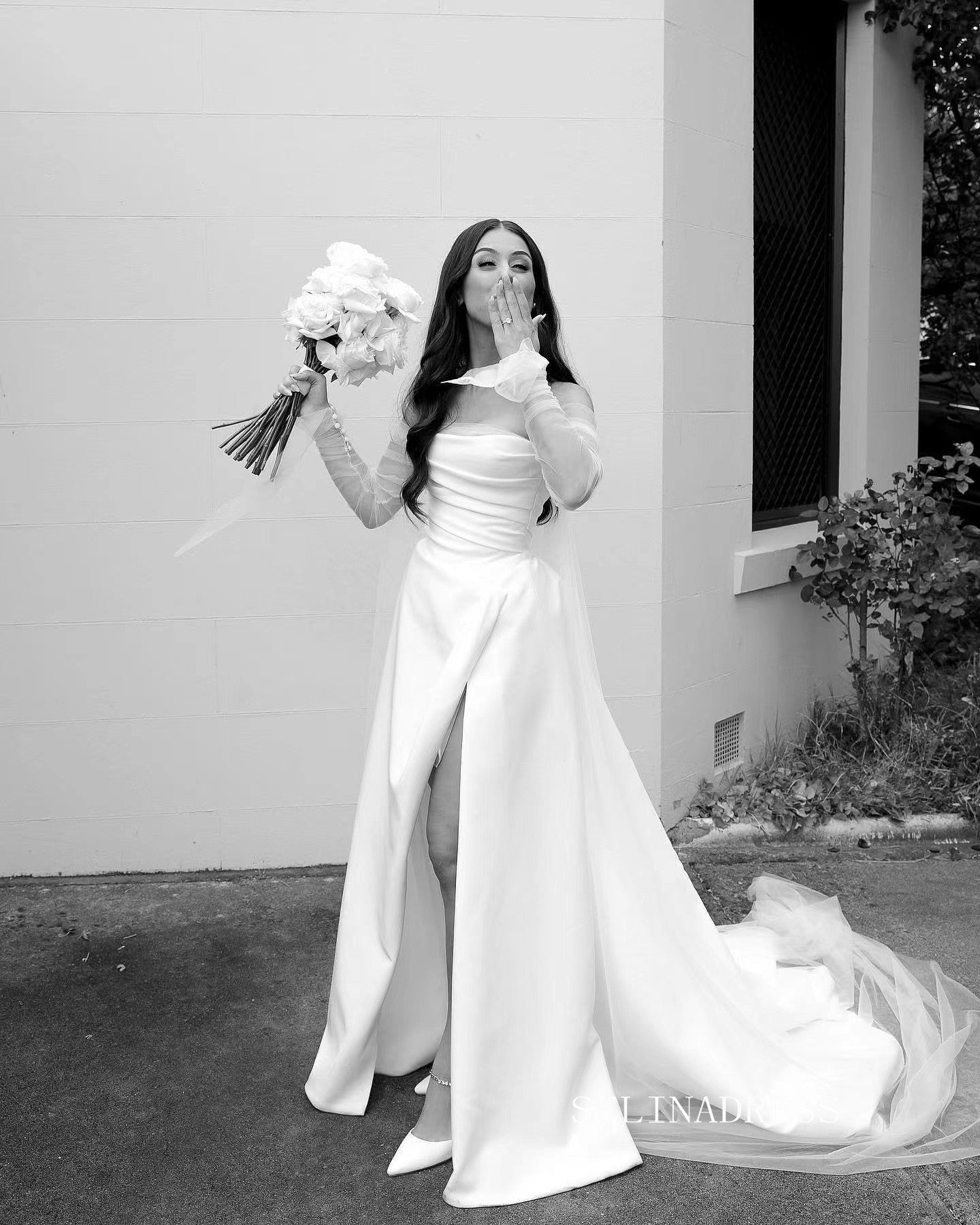 Chic A-line Long Sleeve Satin Wedding Dress Rustic White Bridal Gowns SELINADRESS Chic A-line Long Sleeve Satin Wedding Dress Rustic White Bridal Gowns SELINADRESS