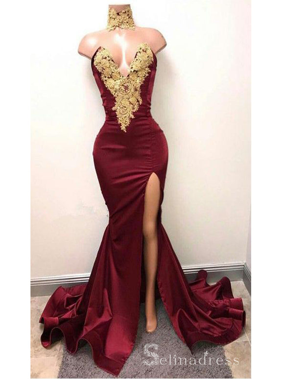 Chic A-line Mermaid Sexy Long Prom Dresses Burgundy Gold African Prom Dress CBD395|Selinadress