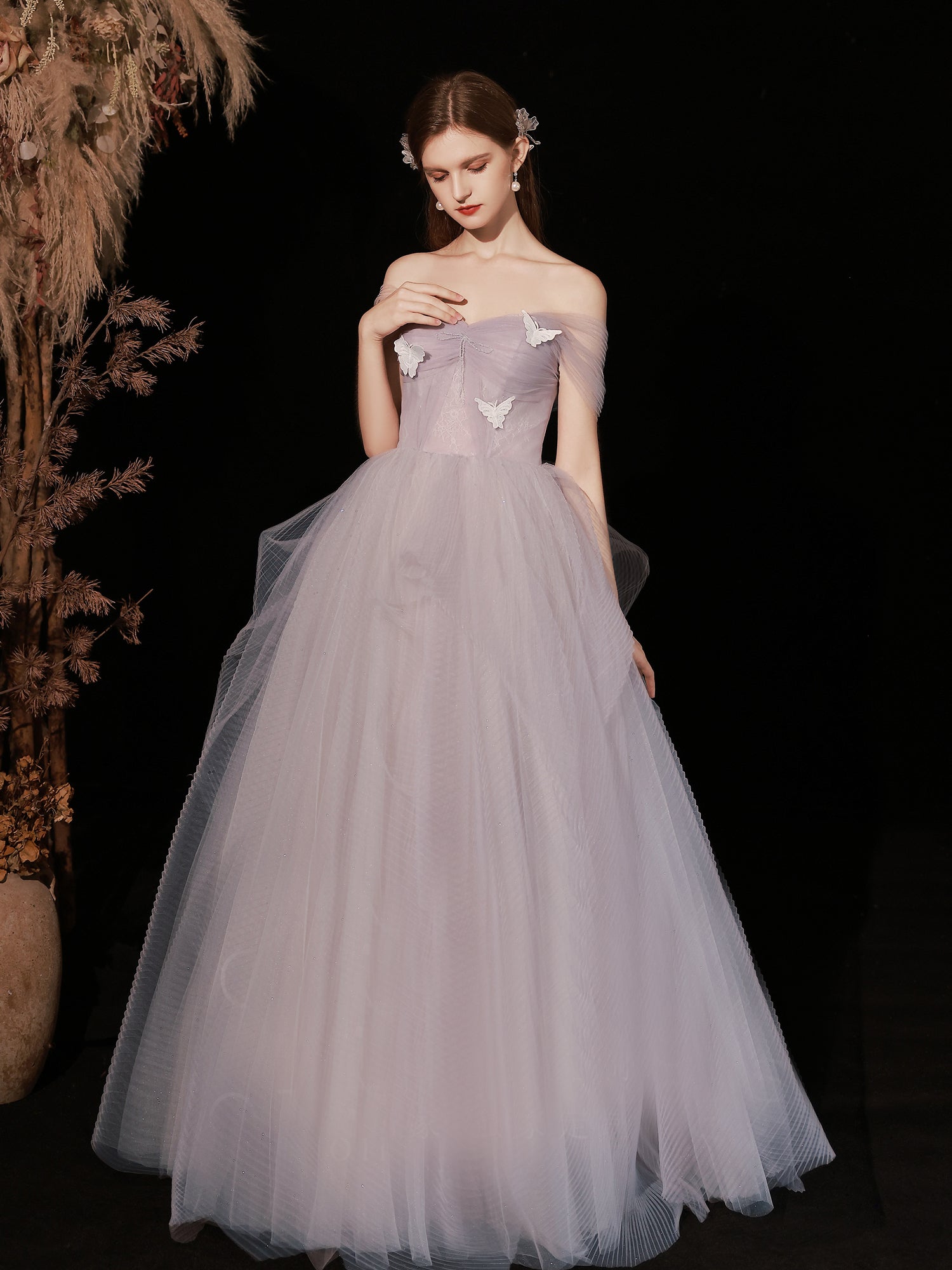 Modest Ball Gown Strapless Tulle Long Prom Dresses High School Outfits Evening Dresses DP403 main image 1