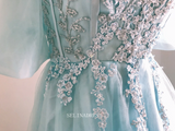 Chic A-line Off Shoulder Blue Tulle Long Prom Dresses Princess Evening Dress Long Formal Dress OSTY047|Selinadress