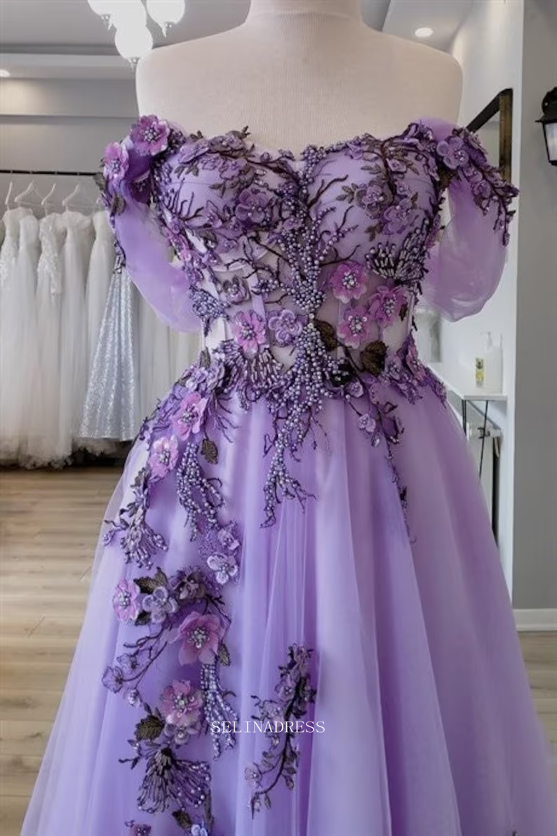 Chic A-line Off Shoulder Lilac Long Prom Dresses Floral Applique Prom SELINADRESS Chic A-line Off Shoulder Lilac Long Prom Dresses Floral Applique Prom SELINADRESS