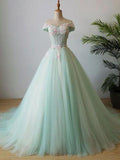 Chic A-line Off Shoulder Mint Prom Dress Applique Long Prom Dress Evening Dress SED110