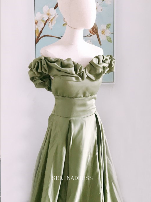 Chic A-line Off Shoulder olive Green Long Prom Dresses Satin Princess SELINADRESS Chic A-line Off Shoulder olive Green Long Prom Dresses Satin Princess SELINADRESS