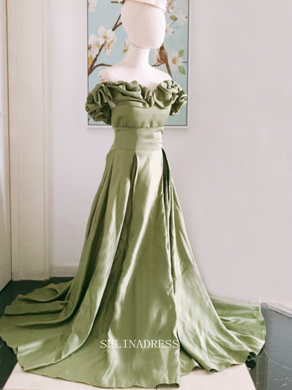 Chic A-line Off Shoulder olive Green Long Prom Dresses Satin Princess – SELINADRESS