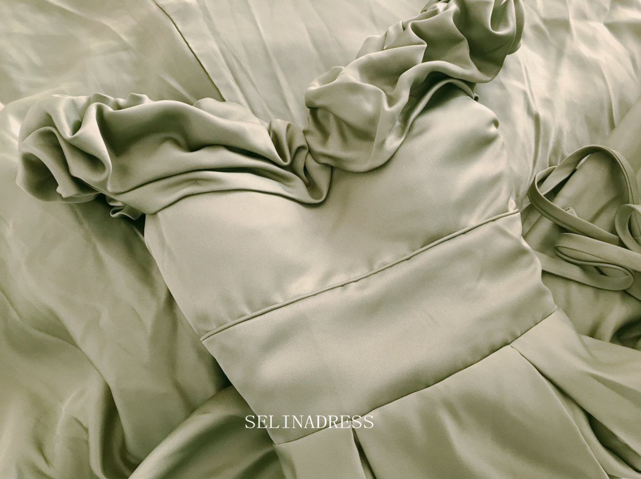 Chic A-line Off Shoulder olive Green Long Prom Dresses Satin Princess SELINADRESS Chic A-line Off Shoulder olive Green Long Prom Dresses Satin Princess SELINADRESS