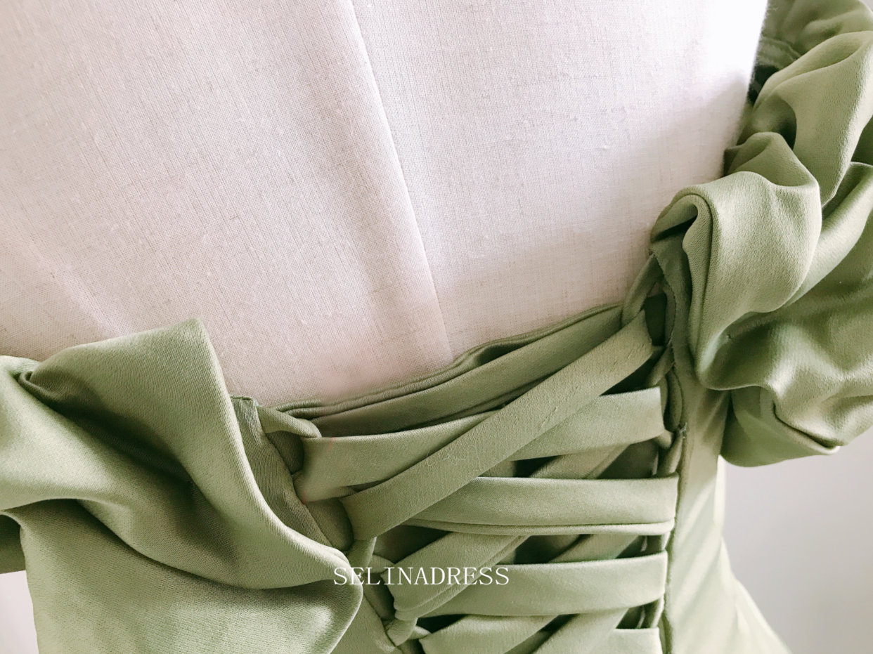 Chic A-line Off Shoulder olive Green Long Prom Dresses Satin Princess SELINADRESS Chic A-line Off Shoulder olive Green Long Prom Dresses Satin Princess SELINADRESS