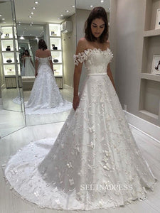 Chic A-line Off-the-shoulder 3D Floral Lace Wedding Dress Satin Rustic Bridal Gowns JKW207|Selinadress