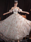 Chic A-line Off-the-shoulder 3D Floral Long Prom Dresses Beautiful Evening Dress MSK001