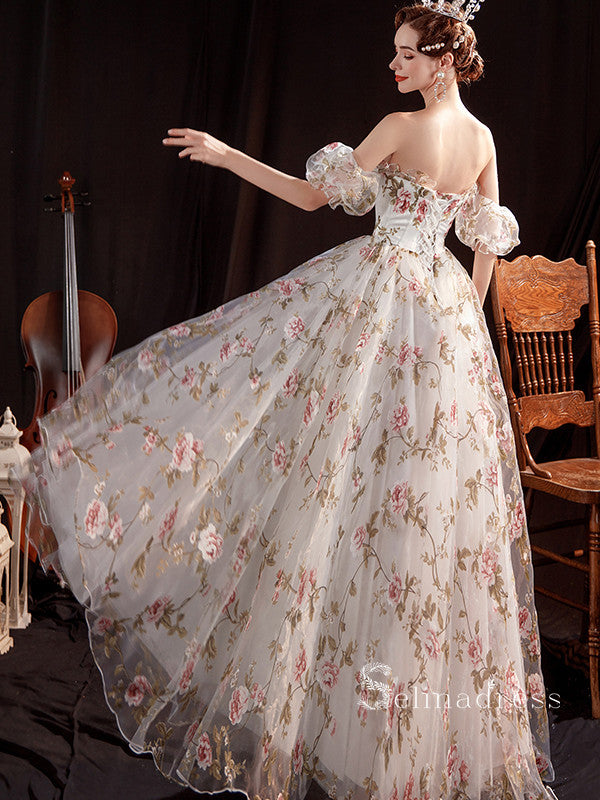 Beautiful A-line Off Shoulder Flowers Lace Formal Dress, Long Prom Dress