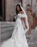 Chic A-line Off-the-shoulder 3D Lace Wedding Dresses Long Rustic Wedding Gown MLK0493|Selinadress