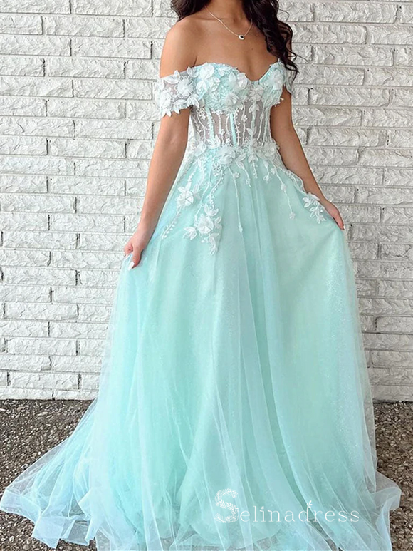 Chic A-line Off-the-Shoulder Applique Long Prom Dresses Cheap Evening Dresses MLH1227|Selinadress