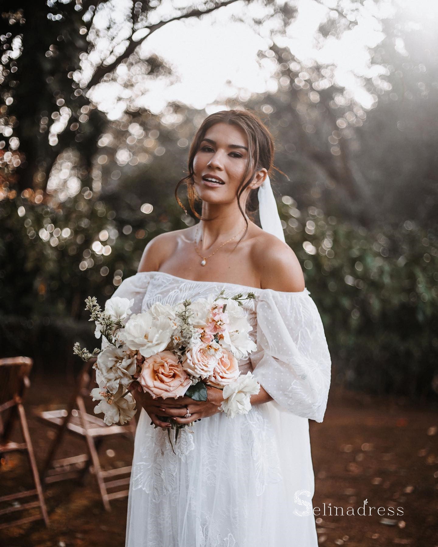 Chic A-line Off-the-shoulder Beach Wedding Dresses Rustic Lace Wedding SELINADRESS Chic A-line Off-the-shoulder Beach Wedding Dresses Rustic Lace Wedding SELINADRESS
