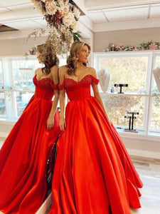 Chic A-line Off-the-shoulder Beaded Long Prom Dress Red Satin Elegant Evening Dress #JKSS57|Selinadress