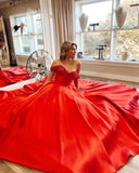 Chic A-line Off-the-shoulder Beaded Long Prom Dress Red Satin Elegant Evening Dress #JKSS57|Selinadress