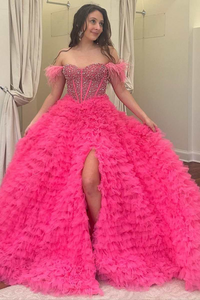 Chic A-line Off-the-shoulder Beaded Long Prom Dresses Feather Long Evening Dress Formal Dresses TKP001