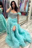 Chic A-line Off-the-shoulder Beaded Long Prom Dresses Feather Long Evening Dress Formal Dresses TKP001|Selinadress