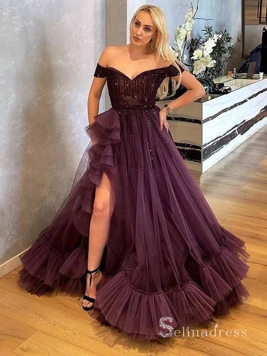 Chic A-line Off-the-shoulder Beaded Long Prom Dresses Grape Evening Gowns MHL164|Selinadress