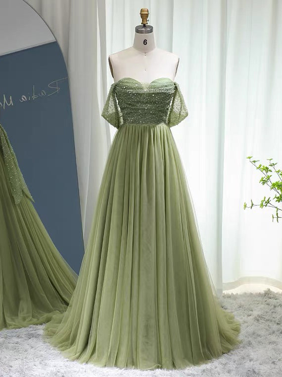 Chic A-line Off-the-shoulder Beaded Prom Dress Green Evening Gowns #OPS006|Selinadress