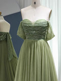 Chic A-line Off-the-shoulder Beaded Prom Dress Green Evening Gowns #OPS006|Selinadress