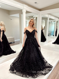 Chic A-line Off-the-shoulder Black Lace Prom Dress Elegant Evening Party Dress #JKSS613|Selinadress