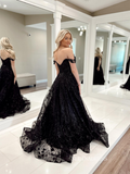 Chic A-line Off-the-shoulder Black Lace Prom Dress Elegant Evening Party Dress #JKSS613|Selinadress